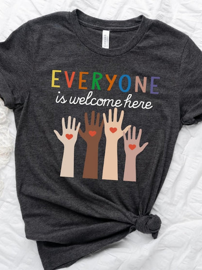 Men's Graphic T-Shirt Everyone Is Welcome Here Raised Hands With Colorful Hearts Diversity