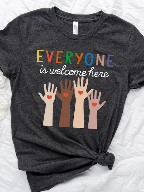 Men's Graphic T-Shirt Everyone Is Welcome Here Raised Hands With Colorful Hearts Diversity