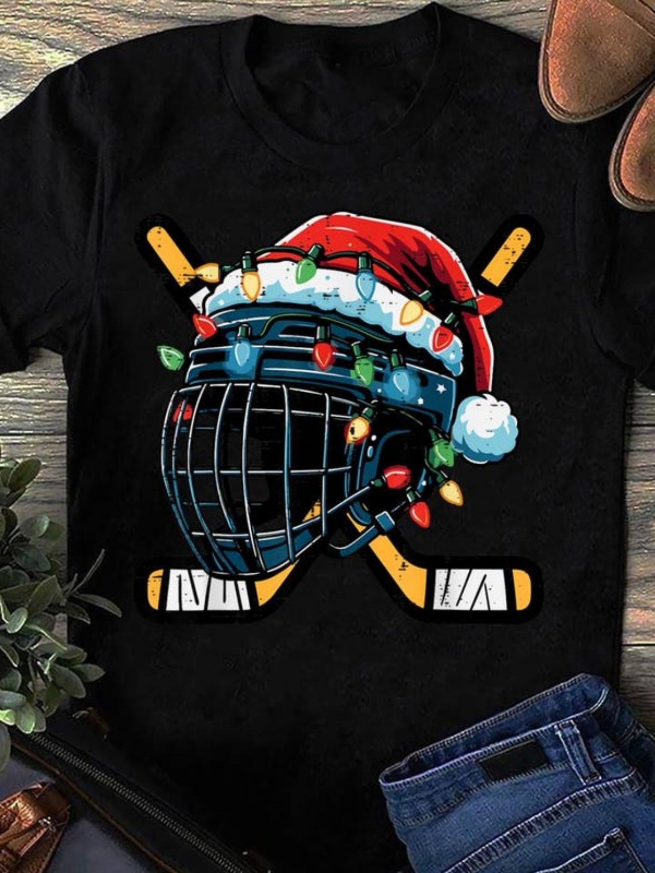 Men's Graphic T-Shirt Festive Christmas Lights And Santa Hat On Hockey Helmet