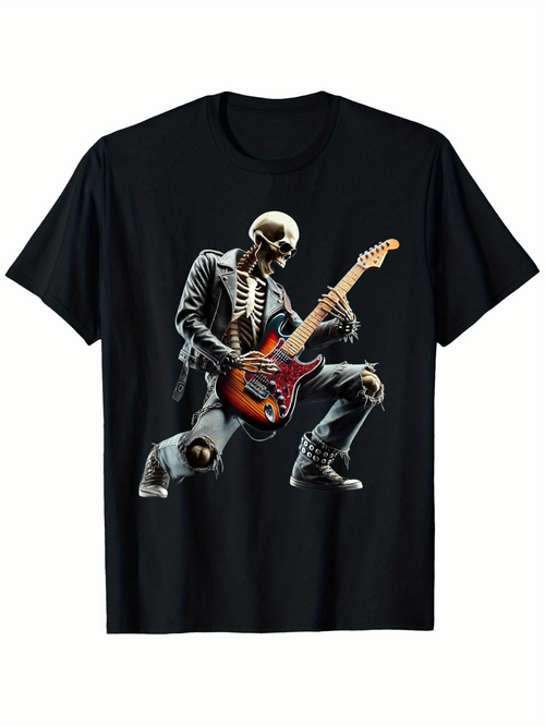 Men's Graphic T-Shirt Rock Concert Skeleton Playing Electric Guitar Under Stage Lights