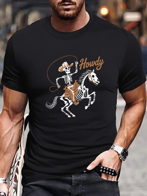Men's Graphic T-Shirt Howdy Dancing Skeleton Wearing Cowboy Hat Riding Skeleton Horse