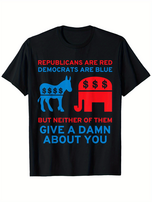 Men's Graphic T-Shirt Republicans And Democrats Political Satire Slogan With Blue Donkey And Red Elephant