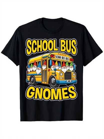 Men's Graphic T-Shirt School Bus With Playful Gnome Figures And Bright Yellow Lettering Gnomes