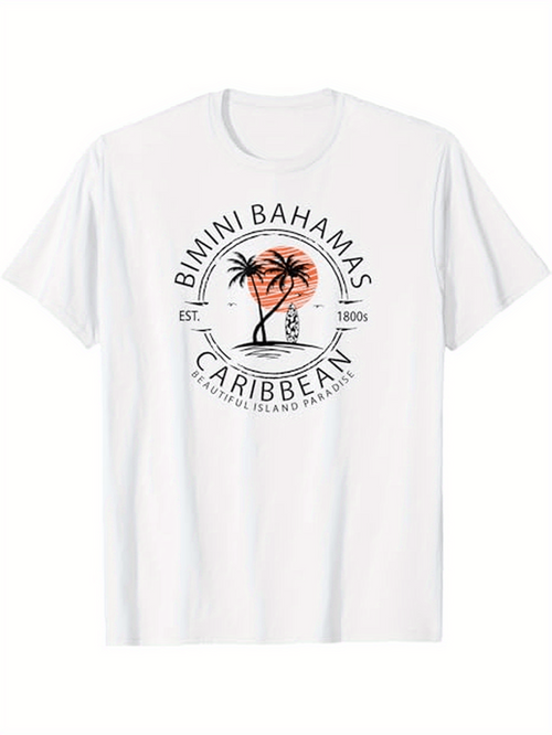 Men's Graphic T-Shirt Bimini Bahamas Caribbean Sunset With Palm Trees Island Paradise