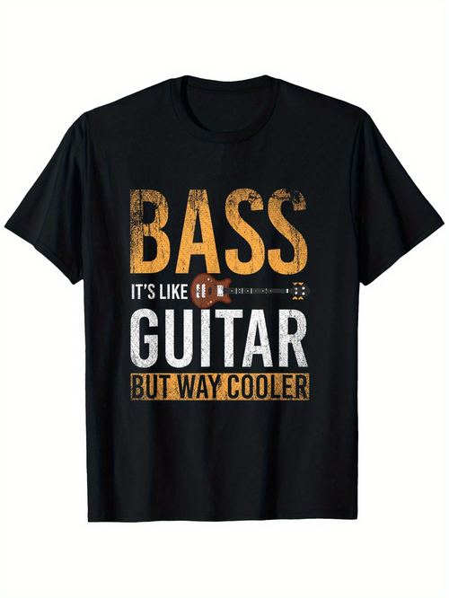 Men's Graphic T-Shirt Bass Like Guitar With Retro Typography On Black Shirt