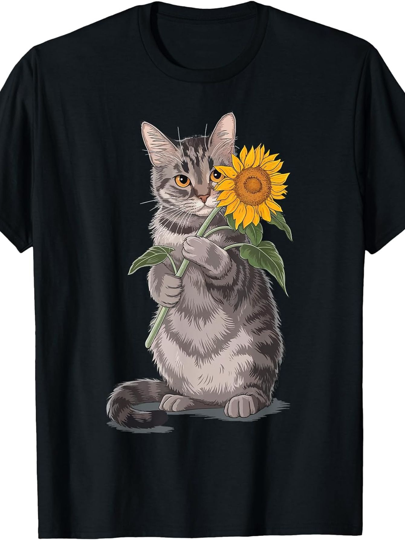Men's Graphic T-Shirt Playful Gray Cat Sitting Holding Vibrant Sunflower Blossom Cat