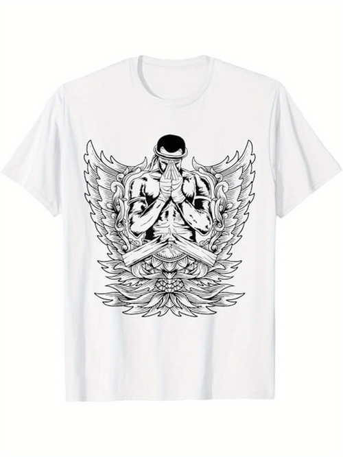 Men's Graphic T-Shirt Intricate Angelic Wings With Praying Warrior Surrounded By Feathers
