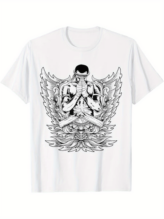 Men's Graphic T-Shirt Intricate Angelic Wings With Praying Warrior Surrounded By Feathers