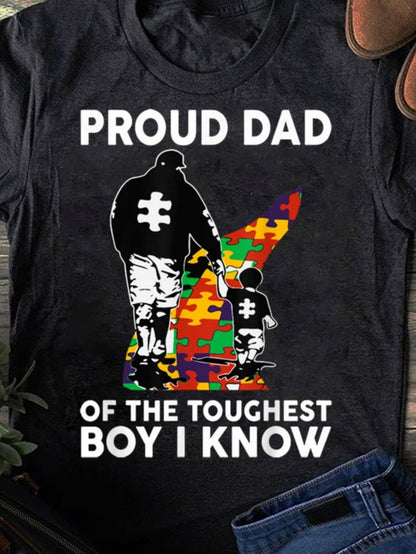 Men's Graphic T-Shirt Proud Dad Holding Hands With Child Among Colorful Puzzle Pieces Boy