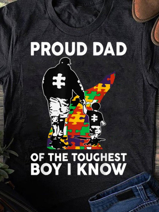 Men's Graphic T-Shirt Proud Dad Holding Hands With Child Among Colorful Puzzle Pieces Boy