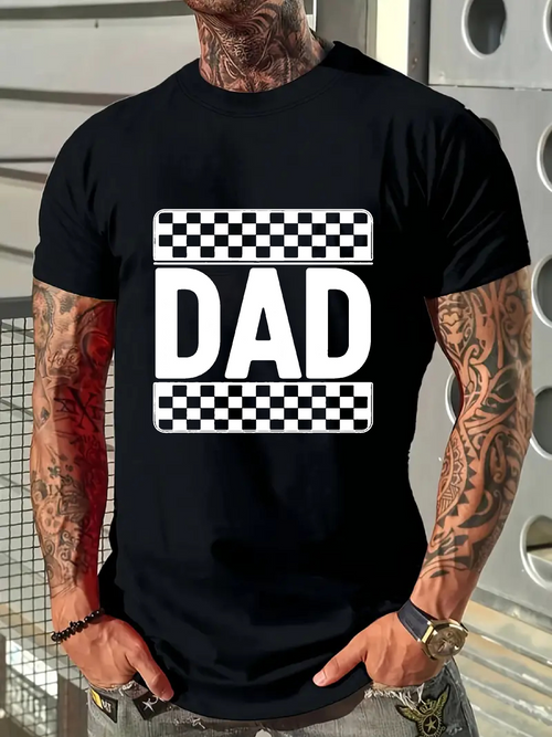 Men's Graphic T-Shirt Bold Black And White Racing Checkerboard Pattern With Large Letters Dad