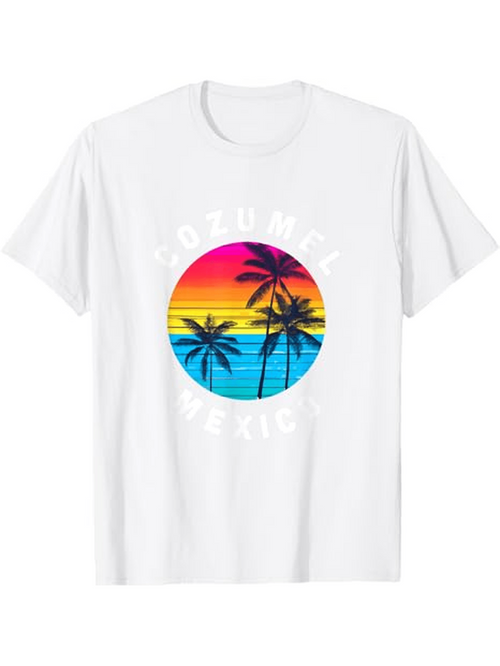 Men's Graphic T-Shirt Cozumel Mexico Vibrant Sunset Palms Over Calm Blue Ocean With Tropical Scenery