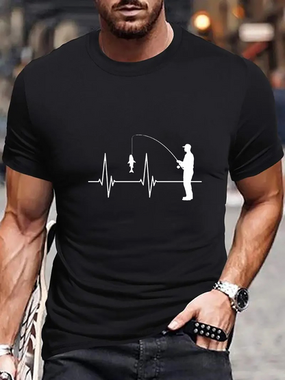 Men's Graphic T-Shirt Heartbeat Line With Fishing Pole Catching Fish Fisherman