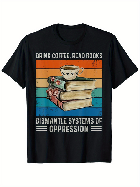 Men's Graphic T-Shirt Drink Coffee Read Books Among Colorful Stripes With Stacked Vintage Books