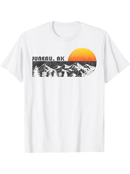 Men's Graphic T-Shirt Juneau AK Evening Mountain Landscape With Pine Trees Setting Sun
