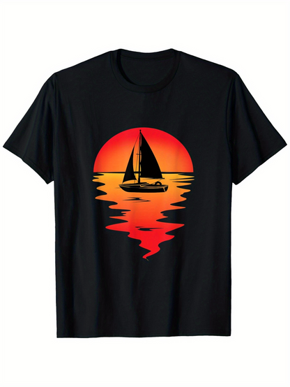 Men's Graphic T-Shirt Radiant Sunset Glow Reflecting On Tranquil Waters With Peaceful Sailboat