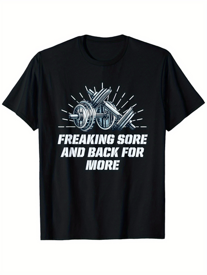 Men's Graphic T-Shirt Freaking Sore And Back For More Barbell Weights With Rays And Powerlifting Energy Gym Equipment