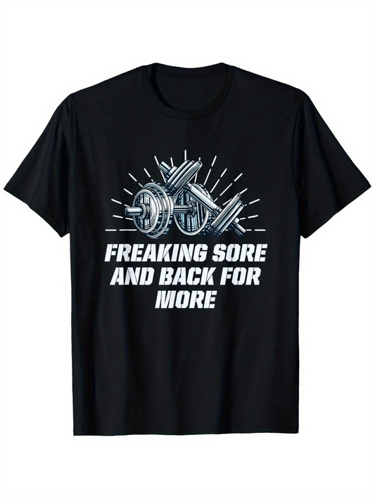 Men's Graphic T-Shirt Freaking Sore And Back For More Barbell Weights With Rays And Powerlifting Energy Gym Equipment