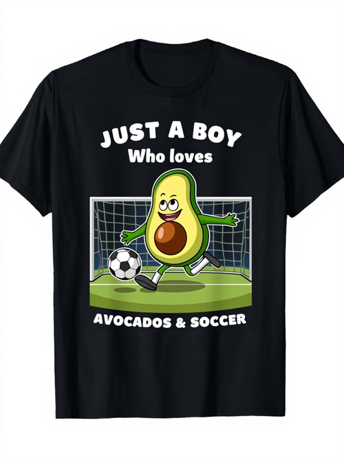 Men's Graphic T-Shirt Just A Boy Who Loves Avocados And Soccer Playful Cartoon Avocado Among Green Grass And Soccer Goal