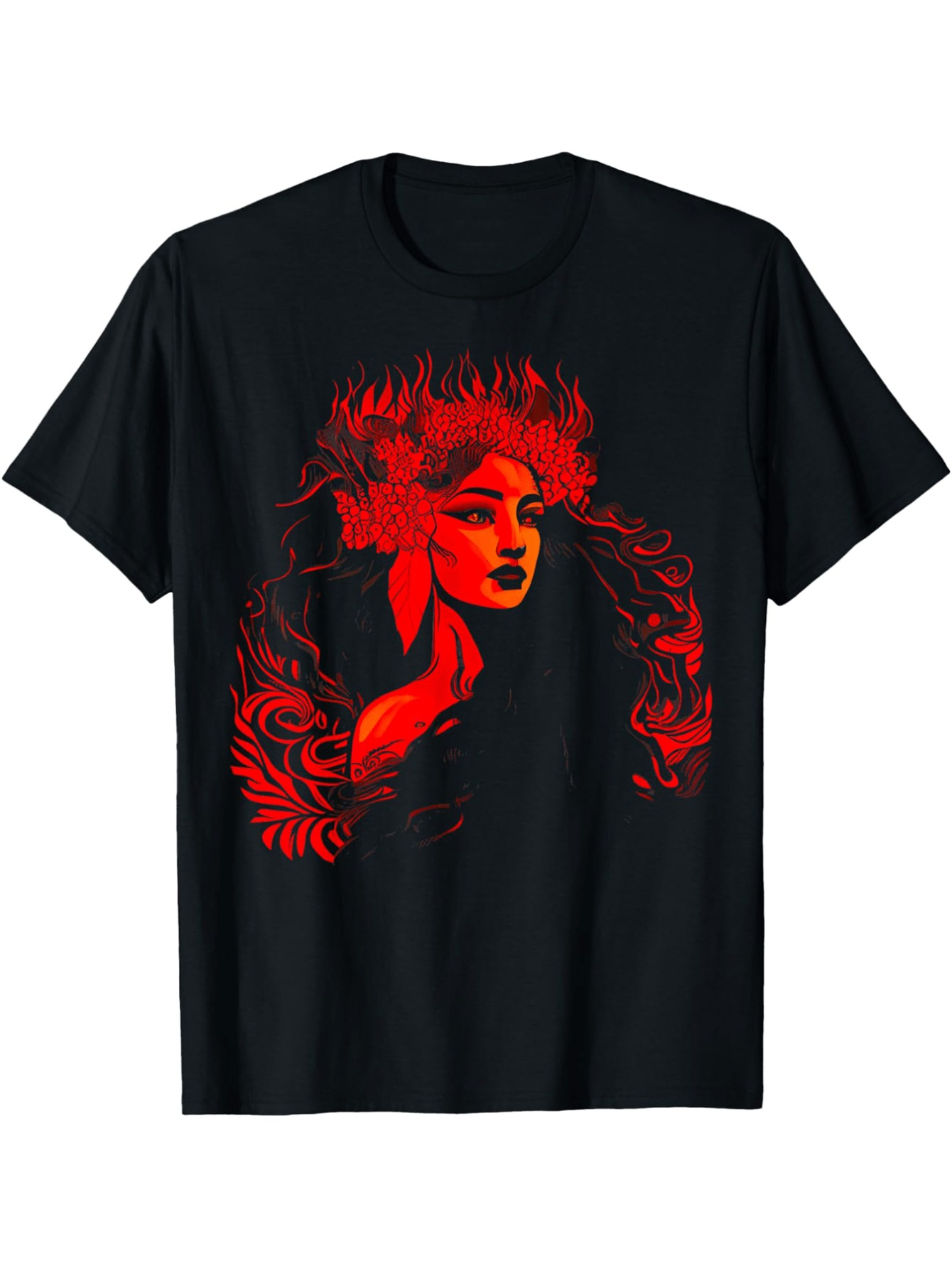 Men's Graphic T-Shirt Fiery Red Floral Motif Surrounding Mysterious Woman Face