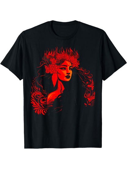 Men's Graphic T-Shirt Fiery Red Floral Motif Surrounding Mysterious Woman Face