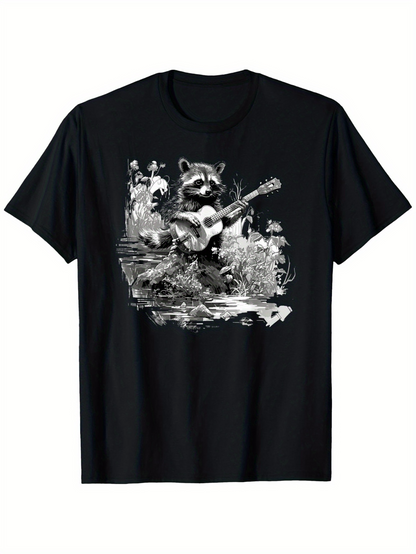 Men's Graphic T-Shirt Rustic Forest Scene With Raccoon Holding Guitar Under Trees