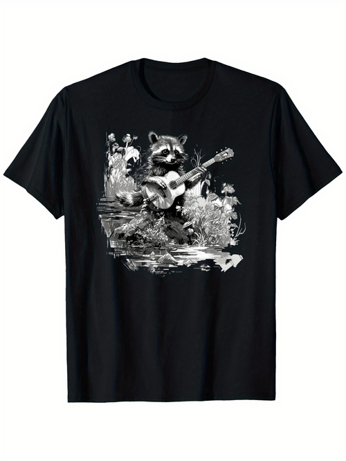 Men's Graphic T-Shirt Rustic Forest Scene With Raccoon Holding Guitar Under Trees