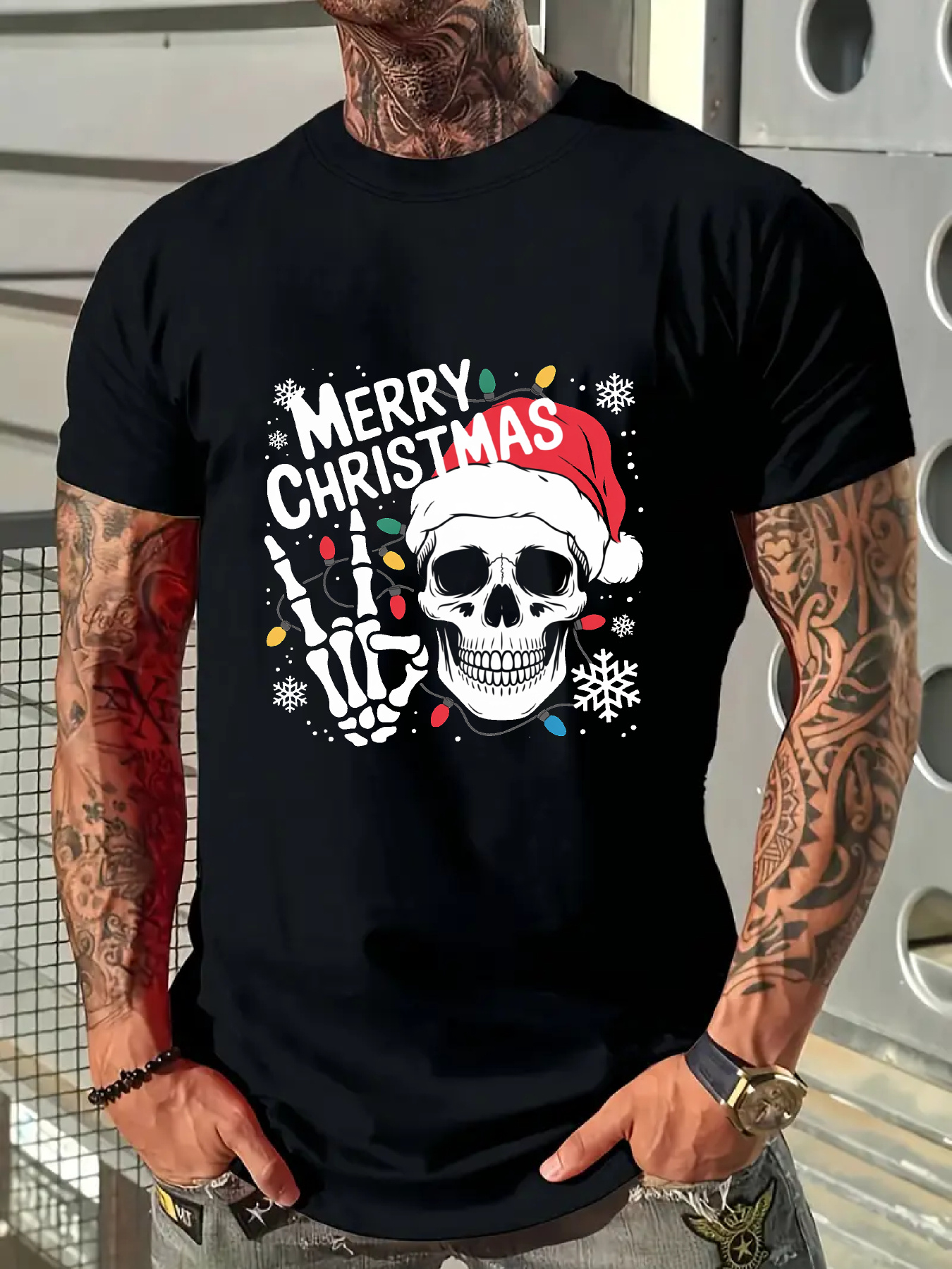 Men's Graphic T-Shirt Merry Christmas Festive Lights And Skull Wearing Santa Hat