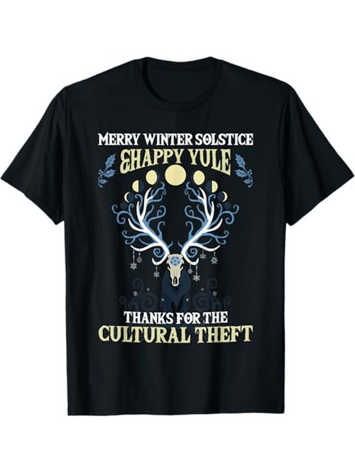 Men's Graphic T-Shirt Merry Winter Solstice Happy Yule Surrounded By Mystical Antlers Moon And Stars Deer Skull
