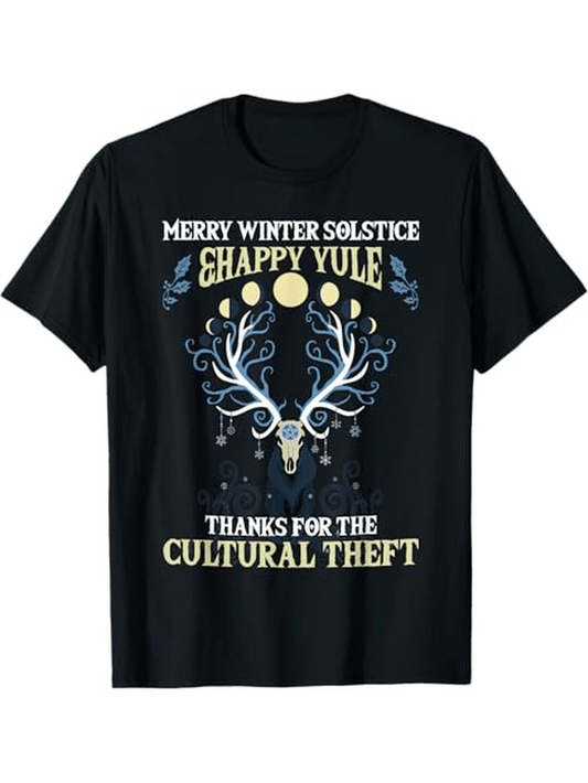 Men's Graphic T-Shirt Merry Winter Solstice Happy Yule Surrounded By Mystical Antlers Moon And Stars Deer Skull