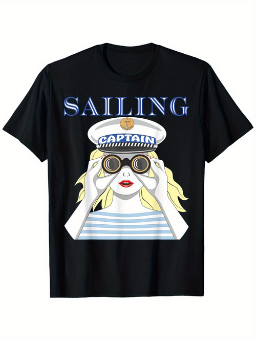 Men's Graphic T-Shirt Sailing Captain Hat With Woman And Blonde Hair