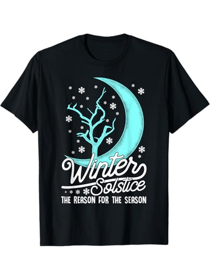 Men's Graphic T-Shirt Winter Solstice Snowflakes With Bare Tree Blue Crescent Moon