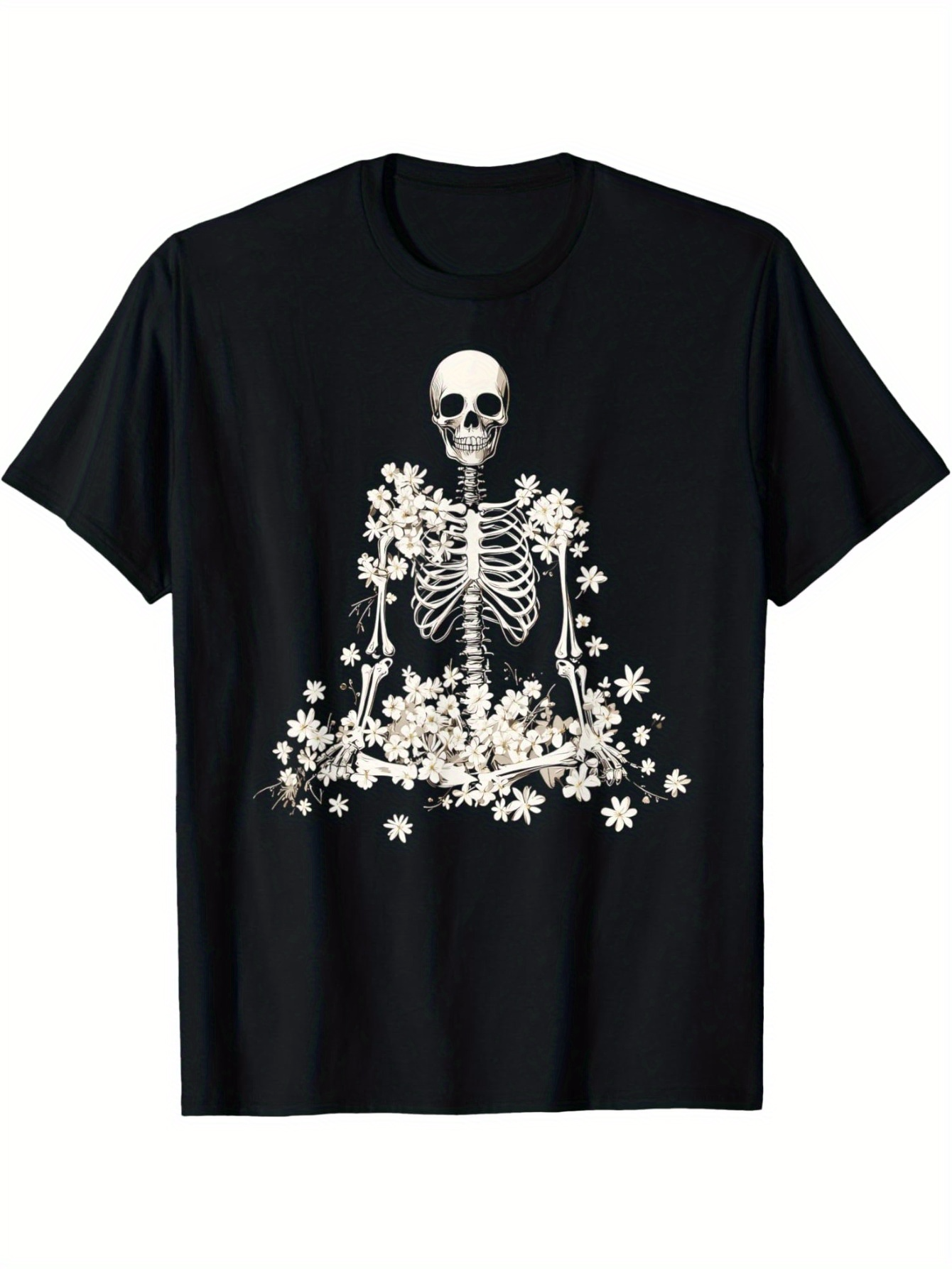 Men's Graphic T-Shirt Blooming White Daisies Flowing Under A Sitting Human Skeleton