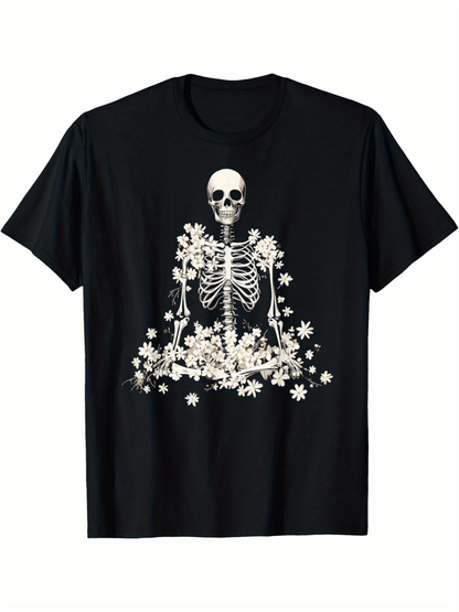 Men's Graphic T-Shirt Blooming White Daisies Flowing Under A Sitting Human Skeleton