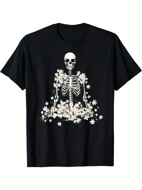 Men's Graphic T-Shirt Blooming White Daisies Flowing Under A Sitting Human Skeleton