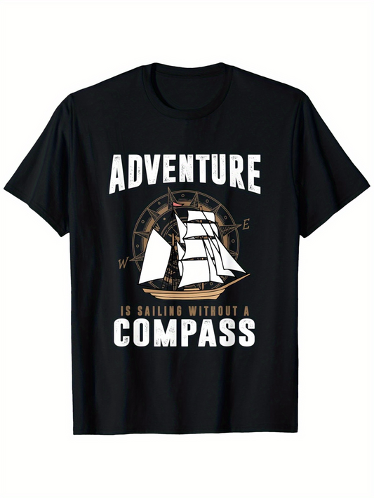 Men's Graphic T-Shirt Adventure Without Directions Classic Ship Over Old Compass