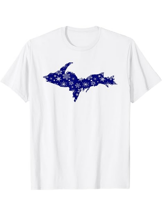 Men's Graphic T-Shirt Snowflake Patterned Silhouette Among Crisp White Background Map