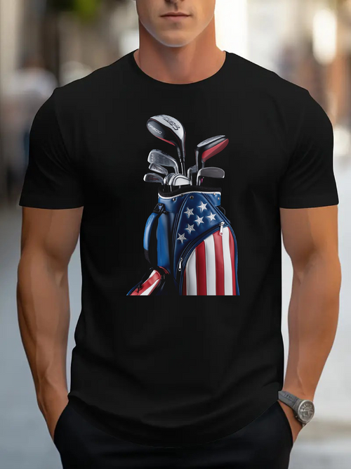 Men's Graphic T-Shirt Patriotic Golf Bag With Clubs Draped In American Flag Colors