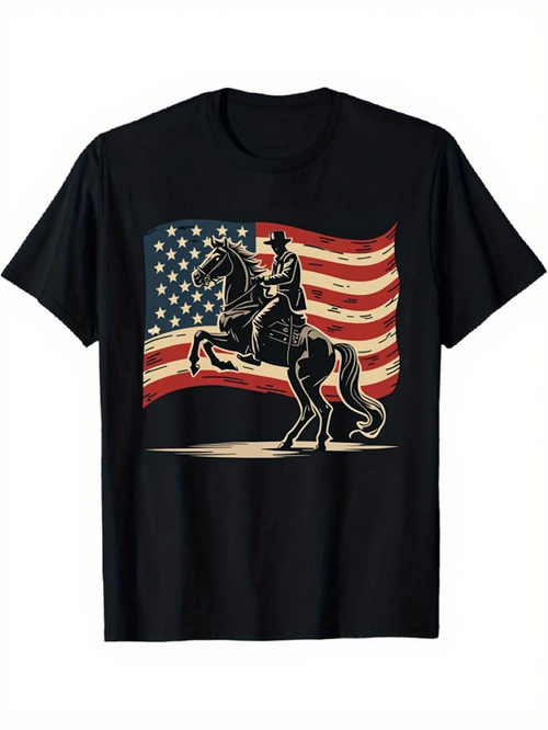 Men's Graphic T-Shirt Vintage Artistic Style With American Flag Waving Behind Cowboy On Horse