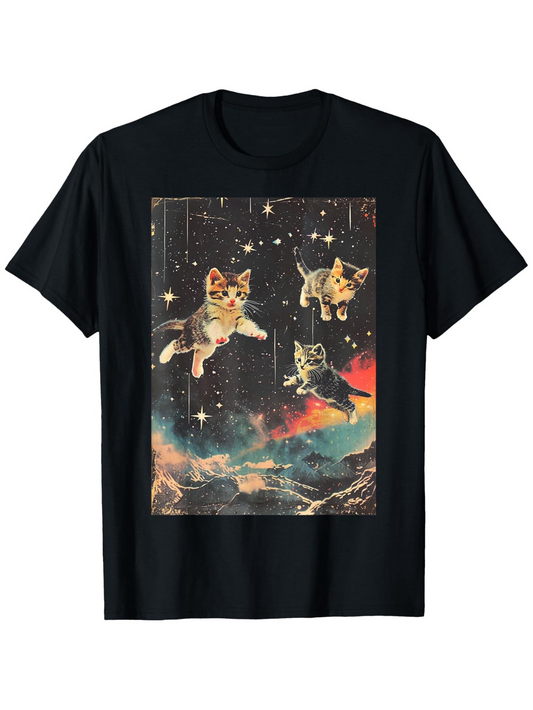 Men's Graphic T-Shirt Floating Kittens Among Stars And Vibrant Cosmic Night Sky