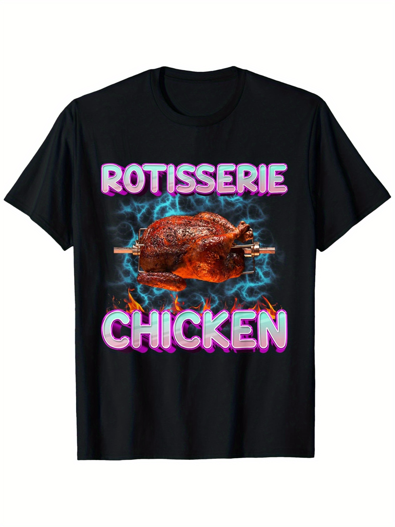 Men's Graphic T-Shirt Rotisserie Chicken Shimmering Pink Lettering With Flames Among Blue Lightning Chicken