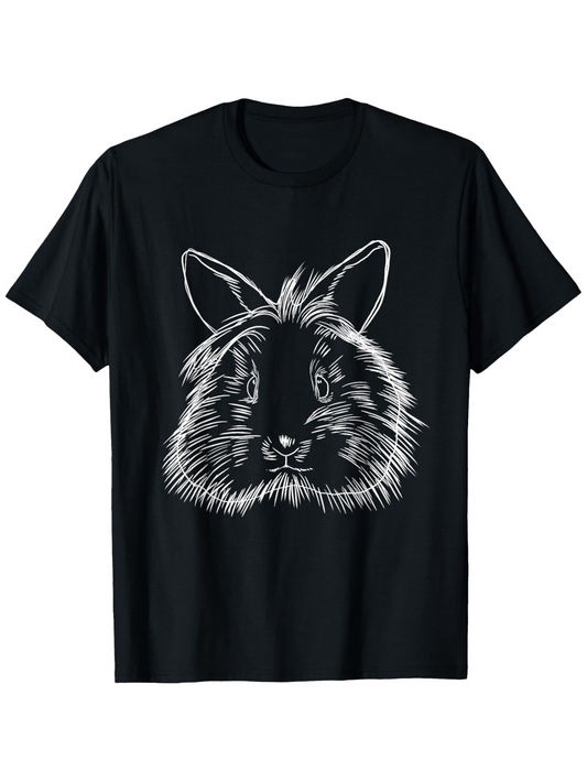 Men's Graphic T-Shirt Hand Drawn White Line Art Featuring A Fluffy Calm Bunny Rabbit