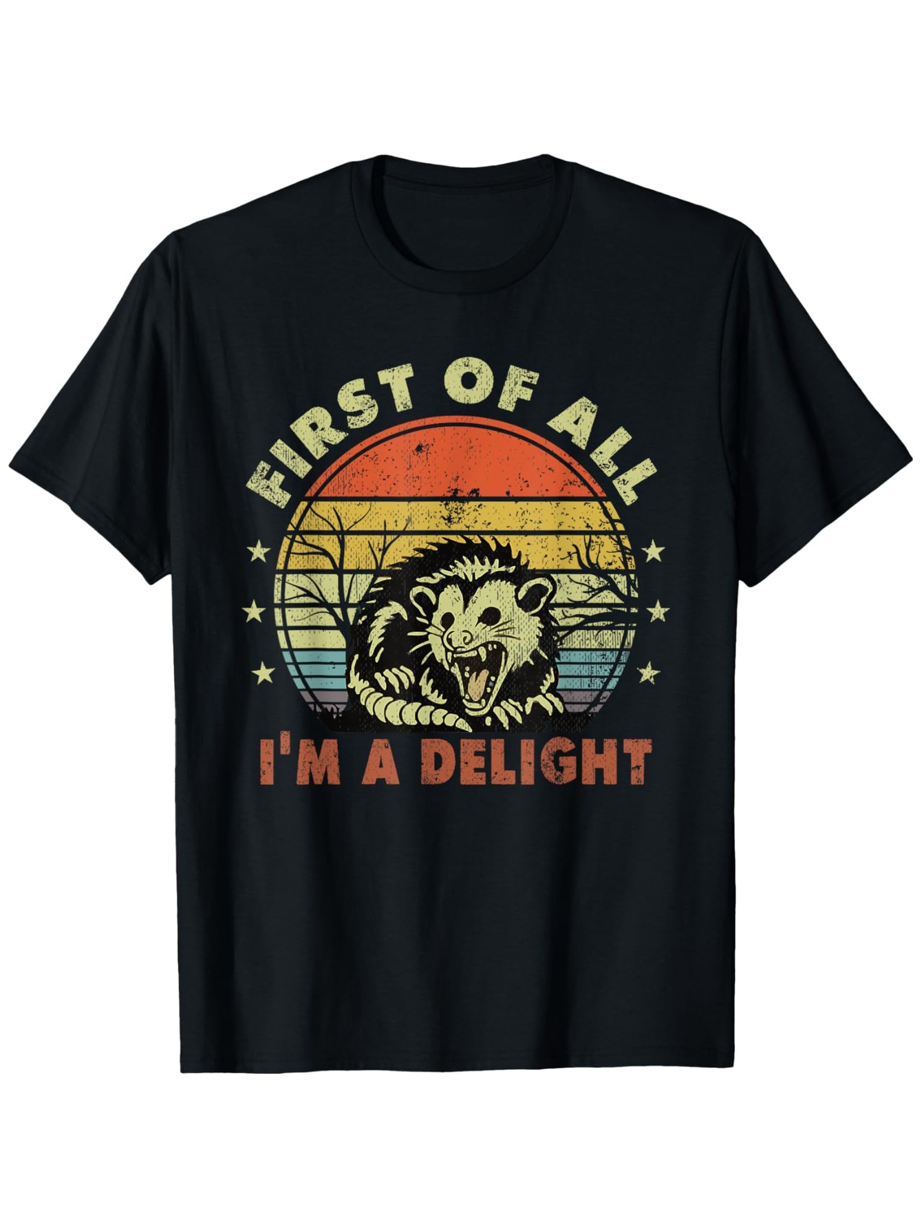 Men's Graphic T-Shirt First Of All Im A Delight Retro Sunset Animal With Vintage Striped Background Possum