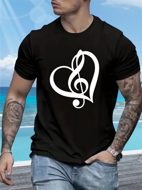 Men's Graphic T-Shirt Artistic White Heart Outline Blending With Treble Clef Symbol Music