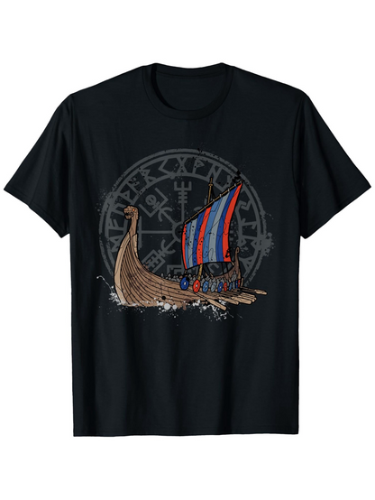 Men's Graphic T-Shirt Colorful Sail With Waves Under Mysterious Nordic Symbol Viking Ship