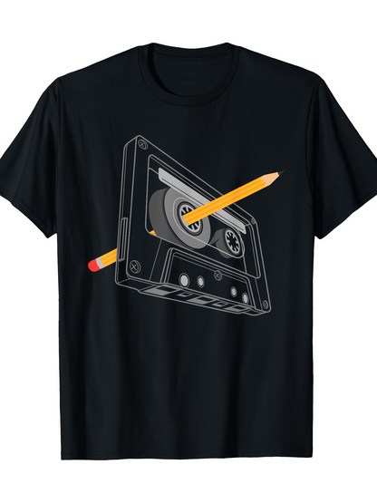 Men's Graphic T-Shirt Classic Music Cassette With Yellow Wooden Pencil Illustration Cassette Tape