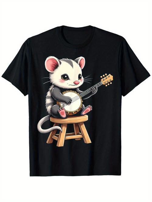 Men's Graphic T-Shirt Adorable Little Mouse Playing Banjo Sitting On Wooden Stool