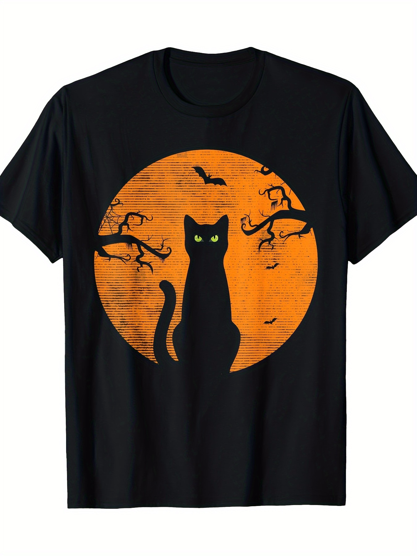 Men's Graphic T-Shirt Glowing Orange Moon Among Bats And Bare Trees Cat