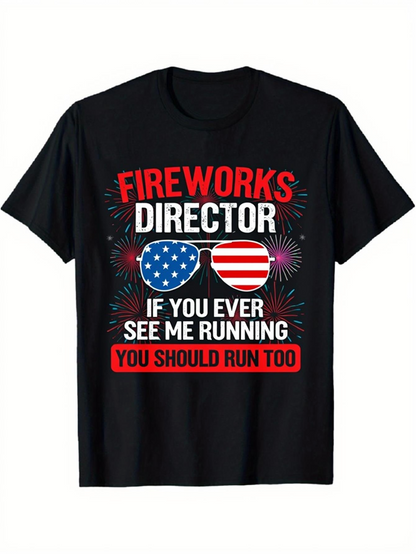 Men's Graphic T-Shirt Fireworks Director Sunglasses With Stars And Stripes Pattern Under Bright Fireworks