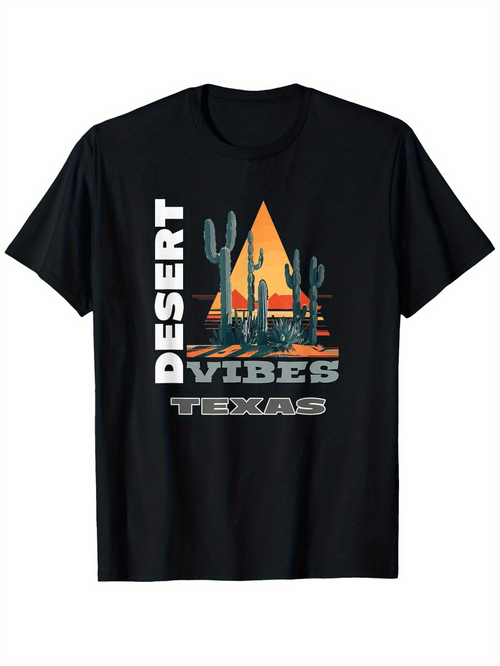 Men's Graphic T-Shirt Desert Vibes Texas Sunset Landscape With Cacti And Geometric Mountains